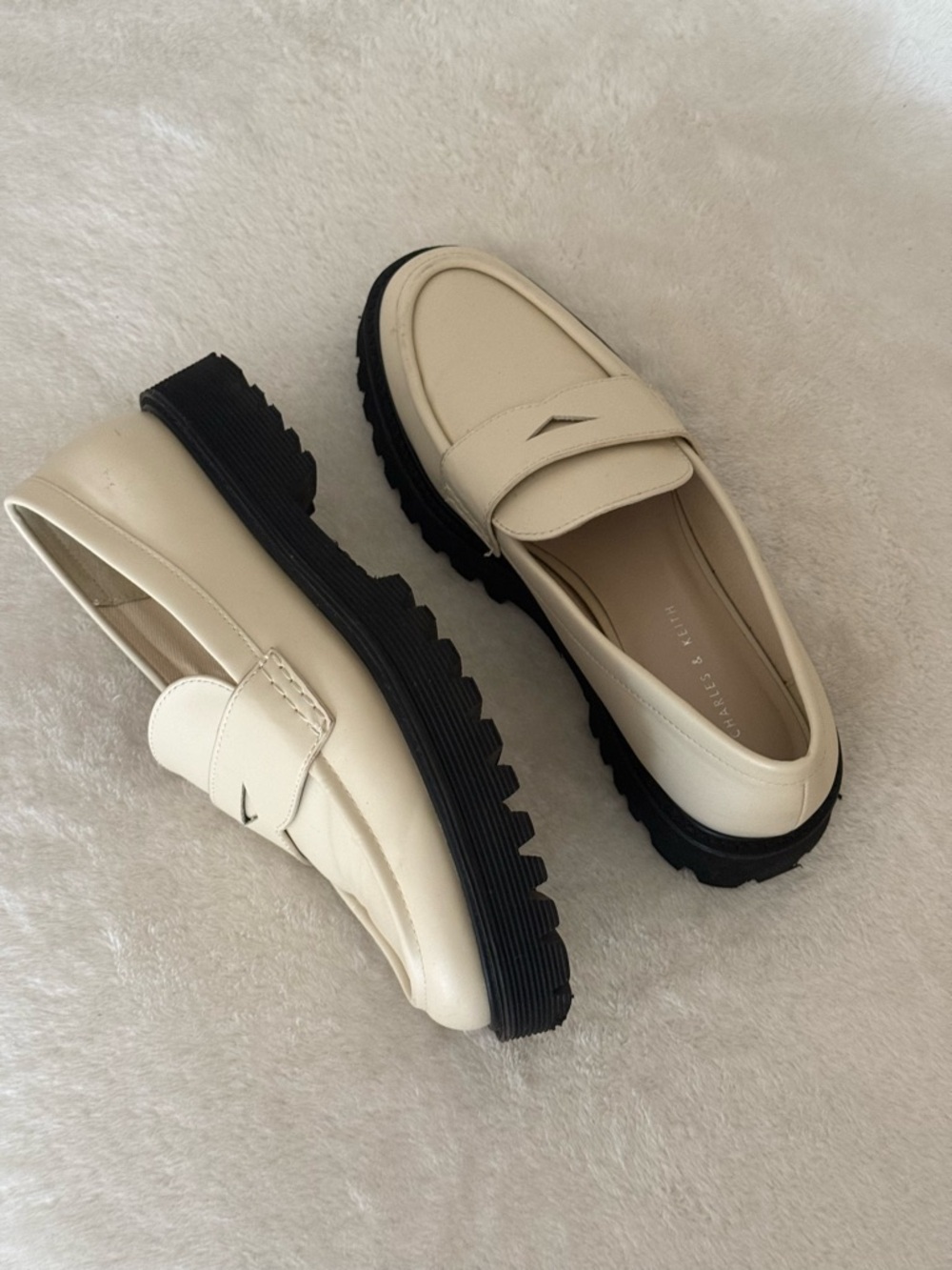 Charles & Keith Cream Chunky Penny Loafers with Black Lug Sole